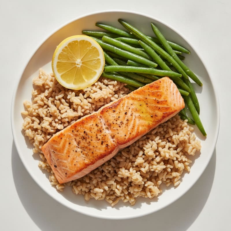 Seared Salmon with Steamed Green Beans and Brown Rice
