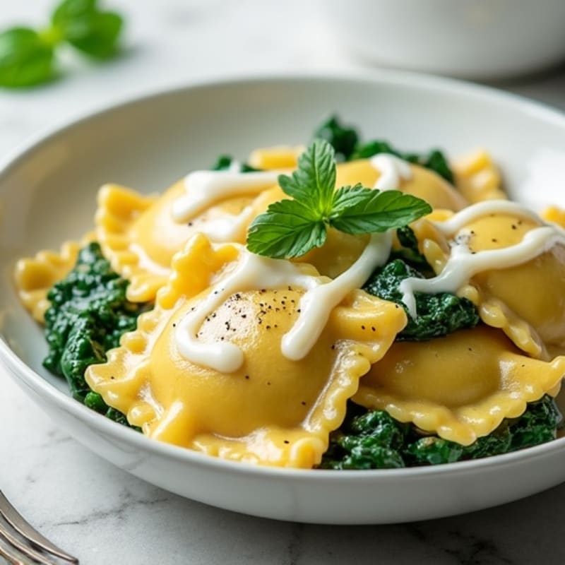Ricotta-Spinach Ravioli with Roasted Garlic Cream Sauce