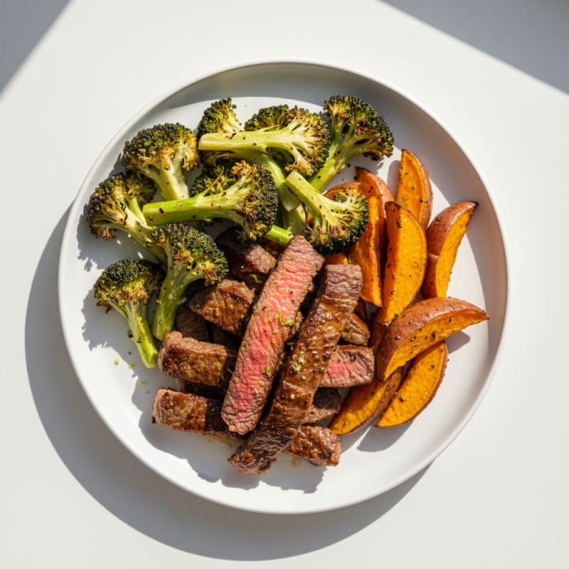 Seared Lean Beef Strips with Roasted Broccoli and Sweet Potato