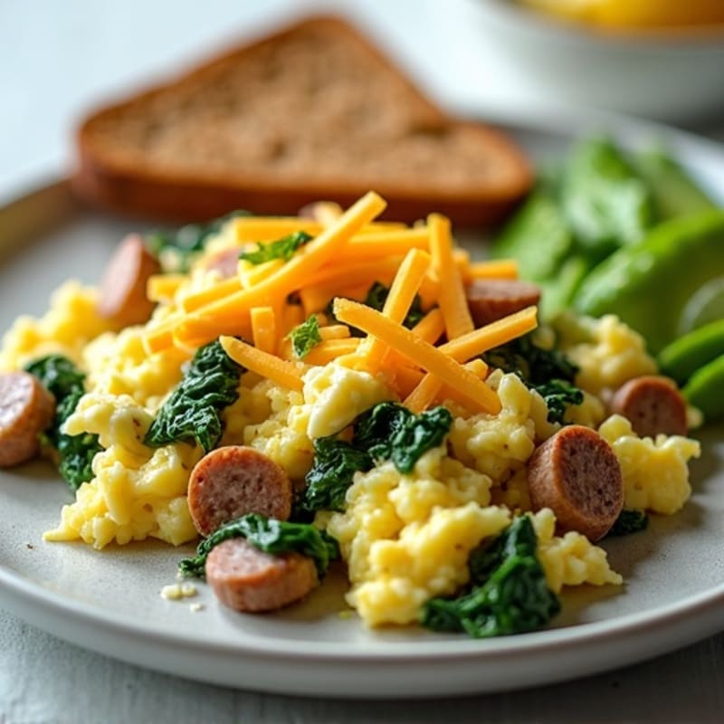 Egg White and Turkey Sausage Scramble with Sautéed Spinach