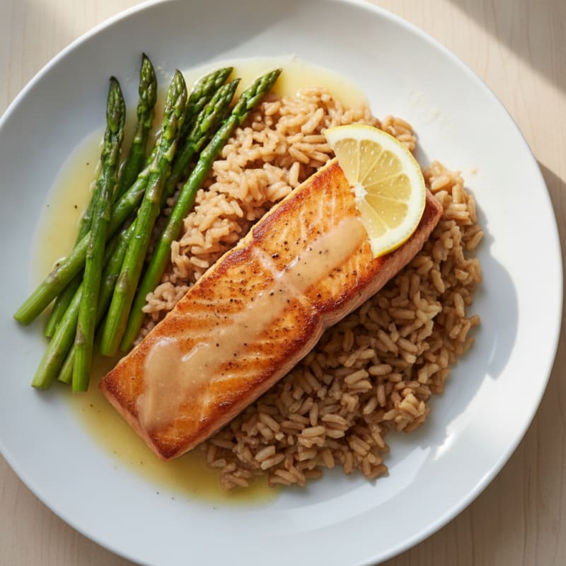Seared Salmon Fillet with Steamed Asparagus and Brown Rice