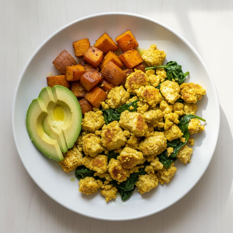 Creamy Tofu Scramble with Roasted Sweet Potatoes and Spinach