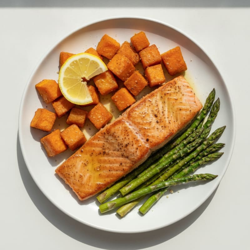 Seared Salmon with Roasted Sweet Potato and Asparagus