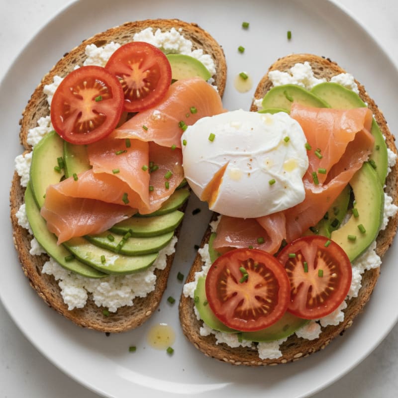 Cottage Cheese and Avocado Toast with Sliced Tomato and Poached Egg