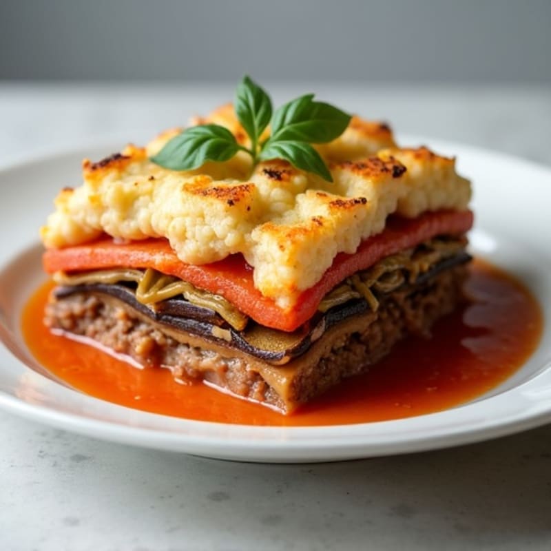Layered Eggplant and Beef Casserole with Creamy Cauliflower Sauce