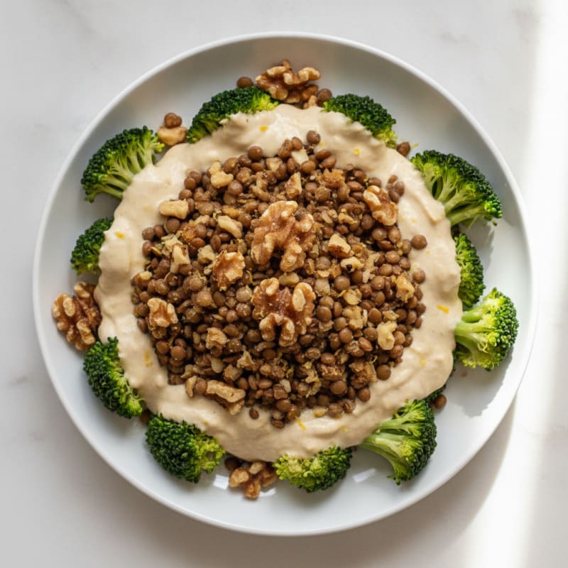 Lentil Walnut Crumble with Creamy Cashew Sauce and Steamed Broccoli