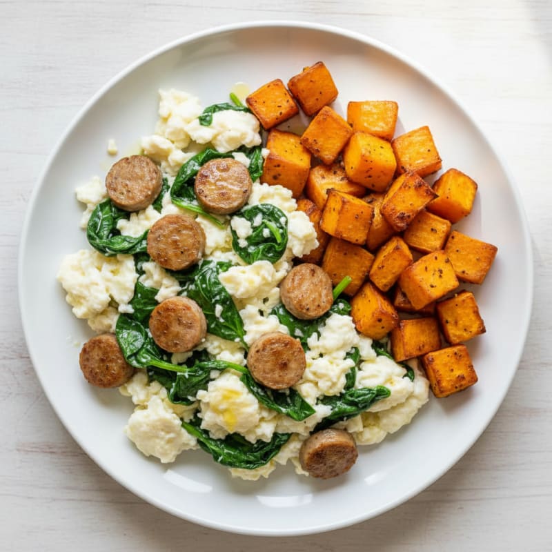 Egg White and Turkey Sausage Scramble with Spinach and Roasted Sweet Potatoes