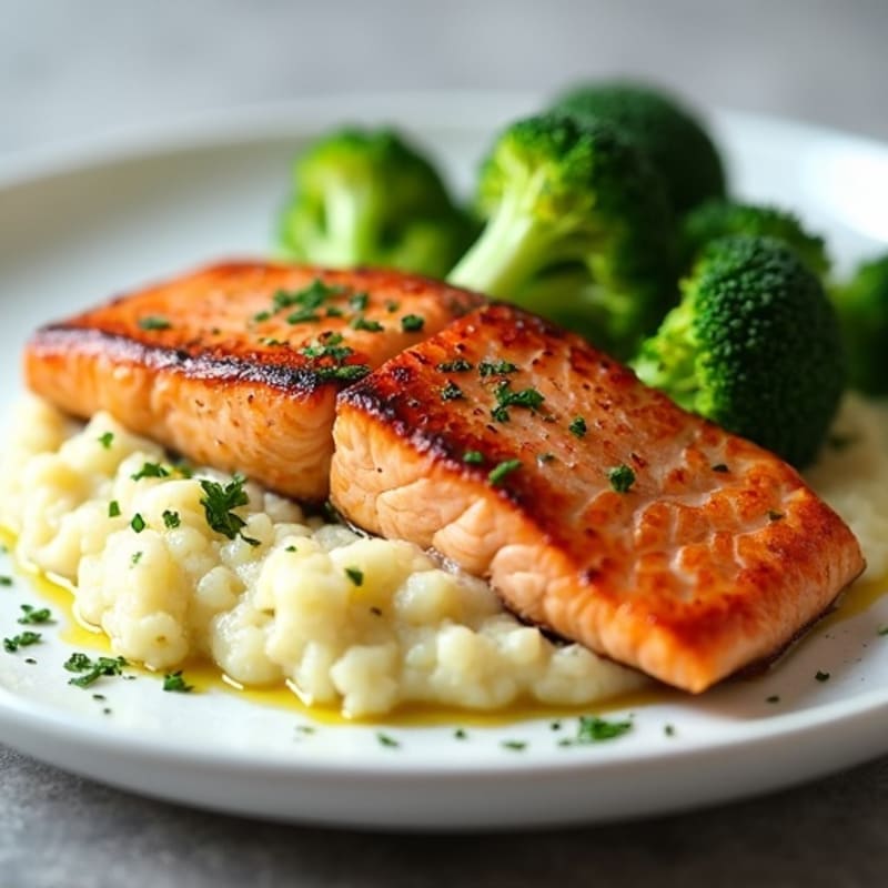 Seared Salmon with Steamed Broccoli and Garlic Cauliflower Mash