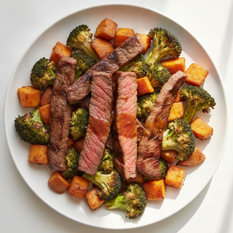 Seared Lean Beef Strips with Roasted Broccoli and Sweet Potato