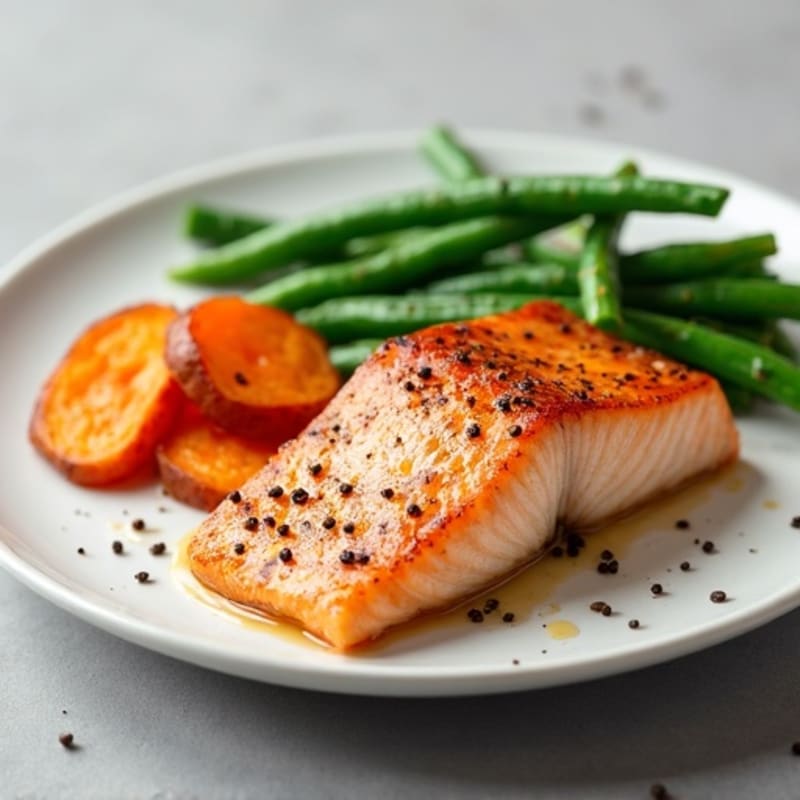 Seared Salmon Fillet with Roasted Sweet Potato and Green Beans
