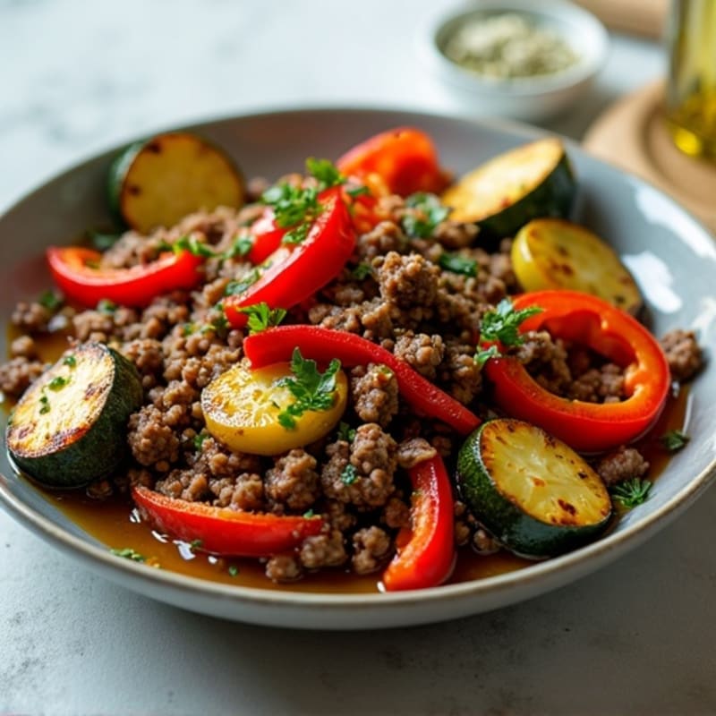 Lean Ground Beef and Roasted Vegetable Skillet