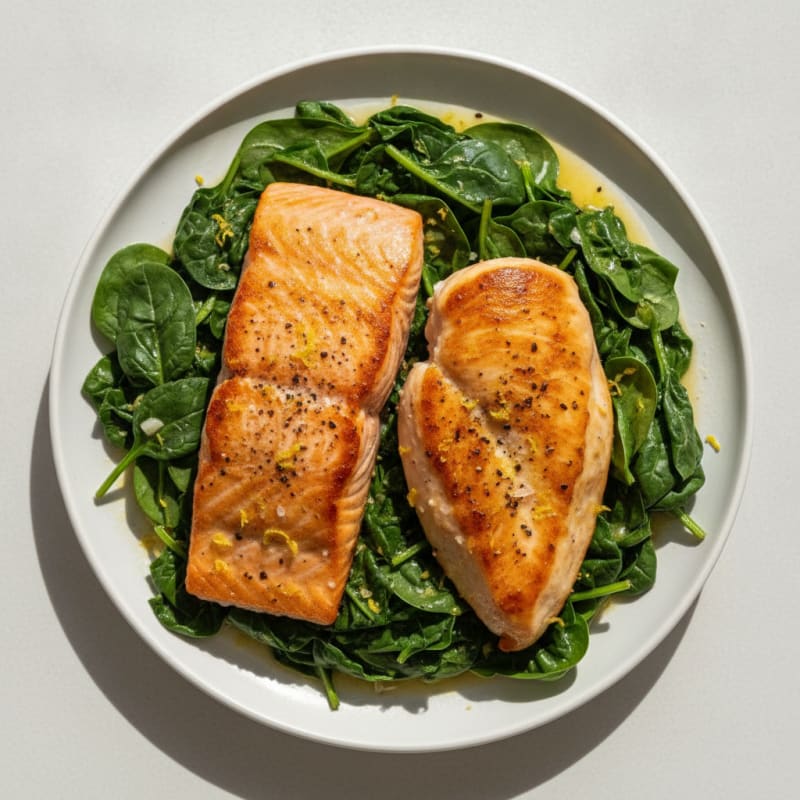 Pan-Seared Salmon and Chicken with Spinach