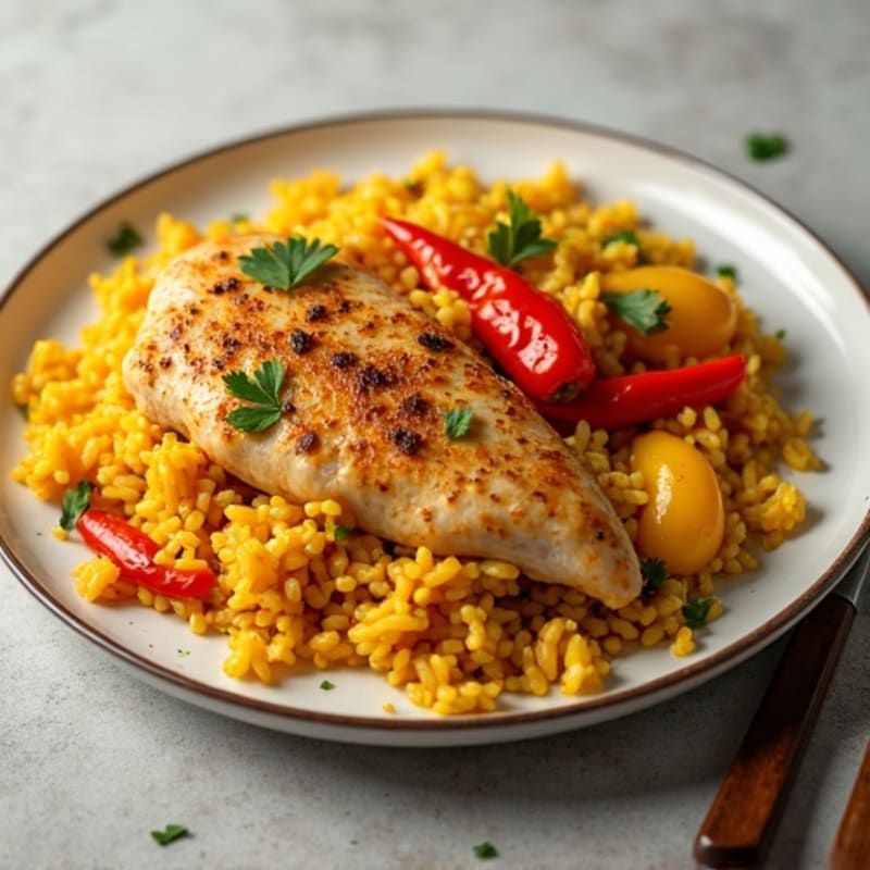 One-Pan Savory Chicken and Yellow Rice with Bell Peppers