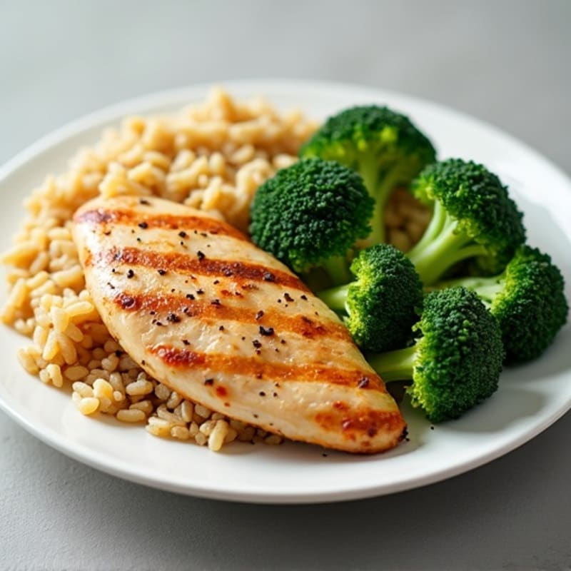 Grilled Chicken Breast with Steamed Broccoli and Brown Rice
