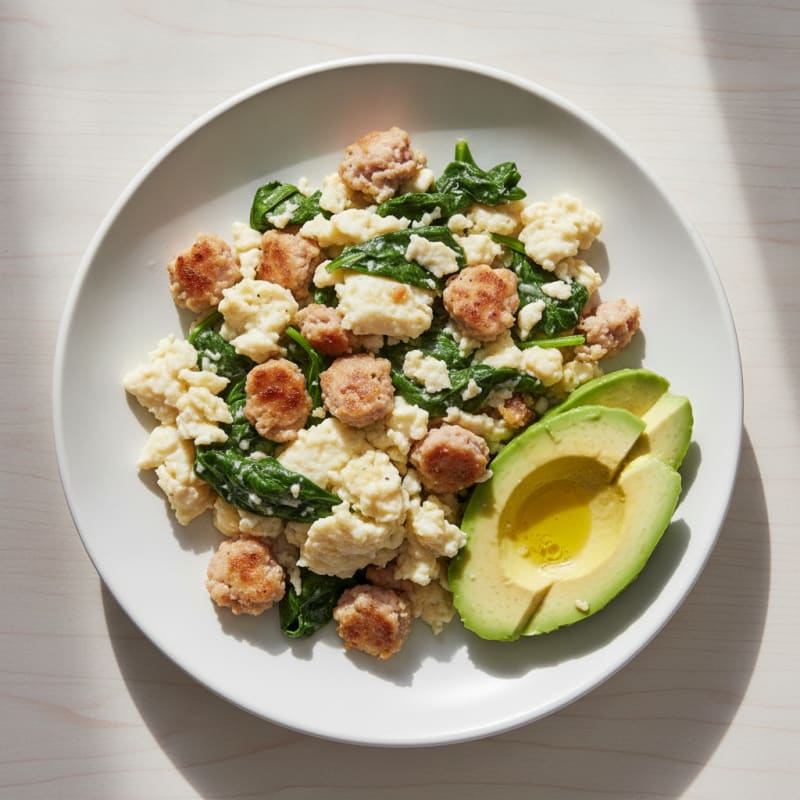 Egg White and Turkey Sausage Scramble with Sautéed Spinach