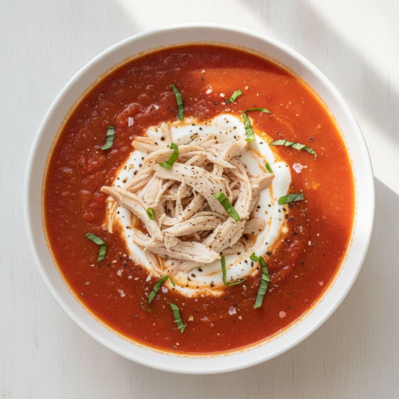Roasted Tomato Basil Soup with Shredded Chicken