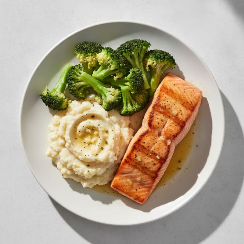 Seared Salmon with Steamed Broccoli and Garlic Mashed Cauliflower