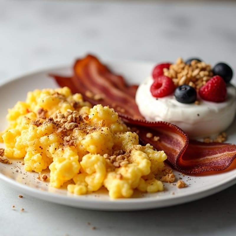 Scrambled Eggs with Turkey Bacon and Greek Yogurt Parfait