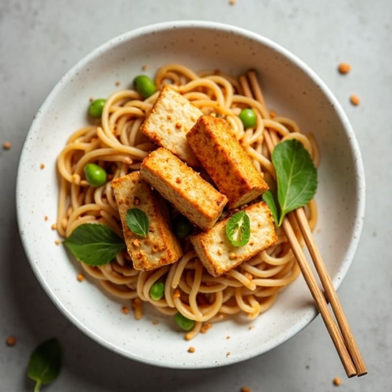 Creamy Peanut Ginger Rice Noodles with Crispy Tofu