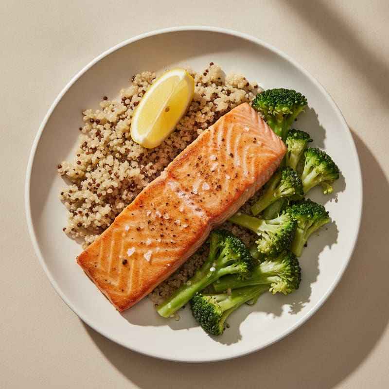 Seared Salmon with Steamed Broccoli and Quinoa