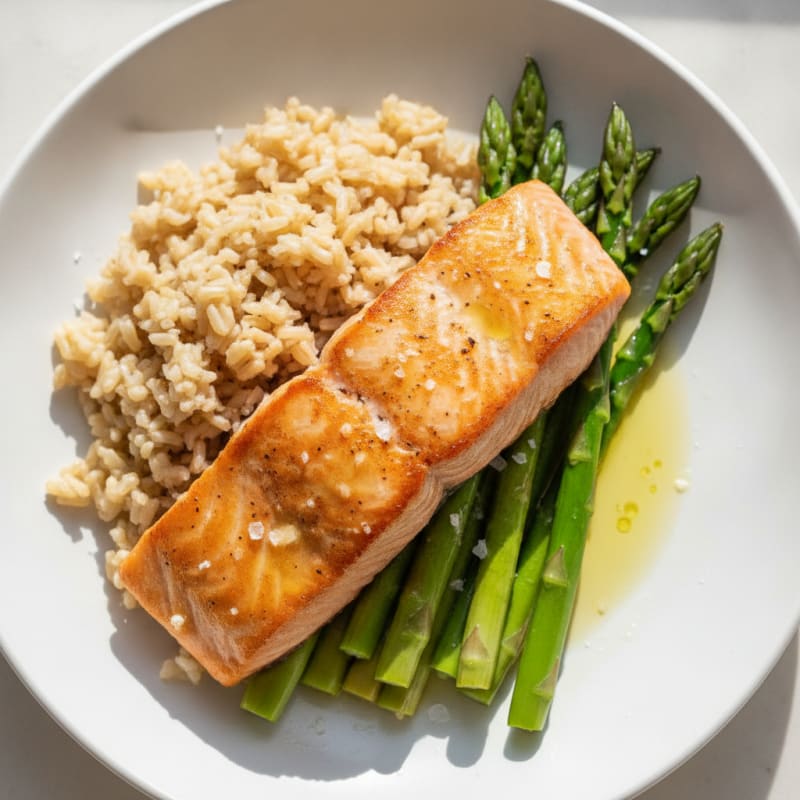 Seared Salmon with Steamed Asparagus and Brown Rice