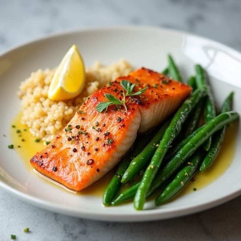 Seared Salmon Fillet with Sautéed Green Beans and Quinoa