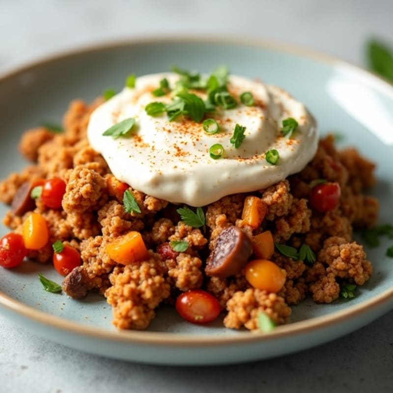 Hearty Spiced Lean Ground Turkey and Eggplant Bake with Creamy Cauliflower Topping