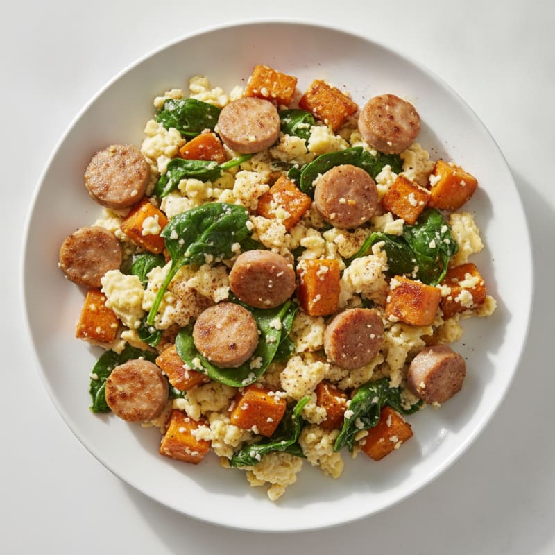 Egg White and Turkey Sausage Scramble with Sautéed Spinach and Sweet Potato Hash