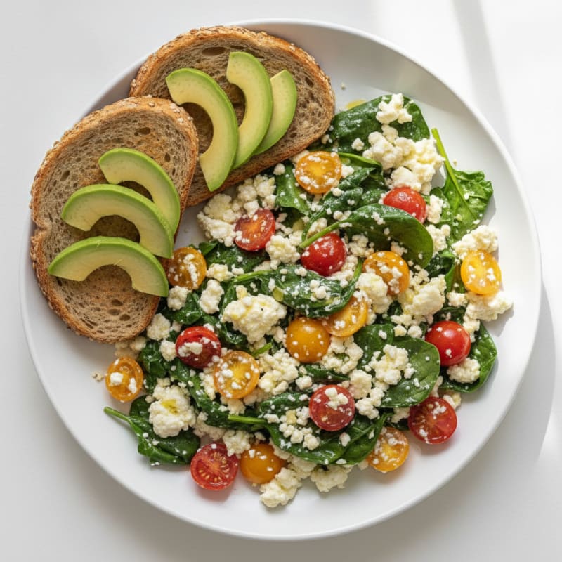 Egg White and Cottage Cheese Scramble with Spinach and Cherry Tomatoes