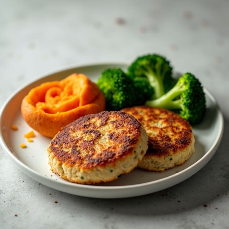 Seared Turkey Patties with Steamed Broccoli and Sweet Potato