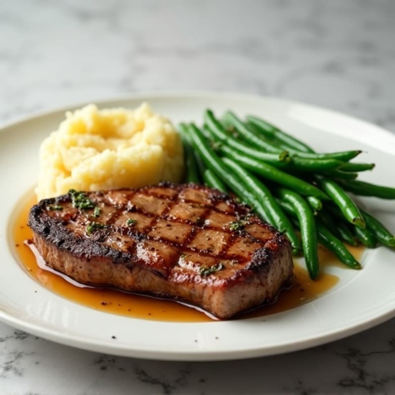 Seared Steak with Garlic Sautéed Green Beans and Mashed Potatoes