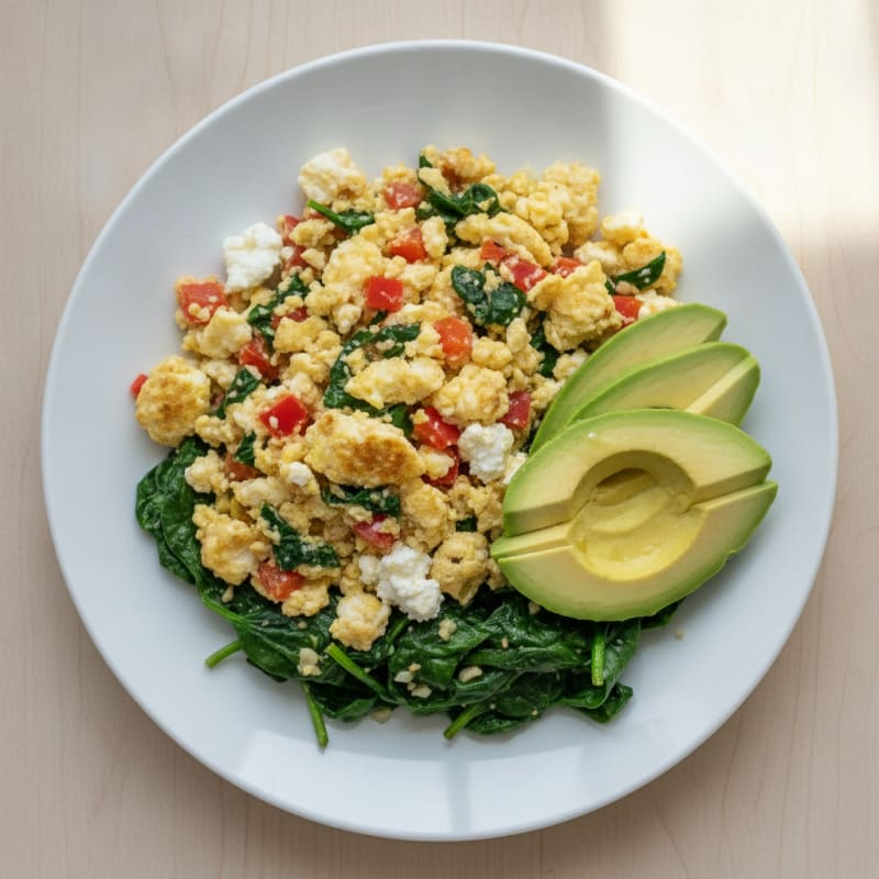 Cottage Cheese and Egg Veggie Scramble with Sautéed Spinach