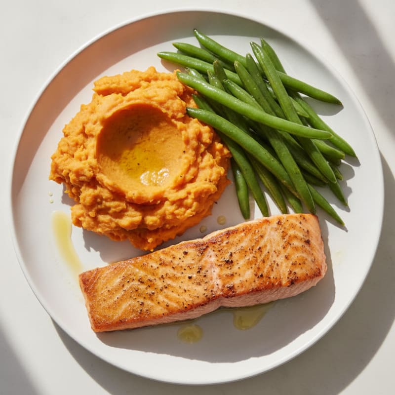 Seared Salmon with Steamed Green Beans and Mashed Sweet Potato