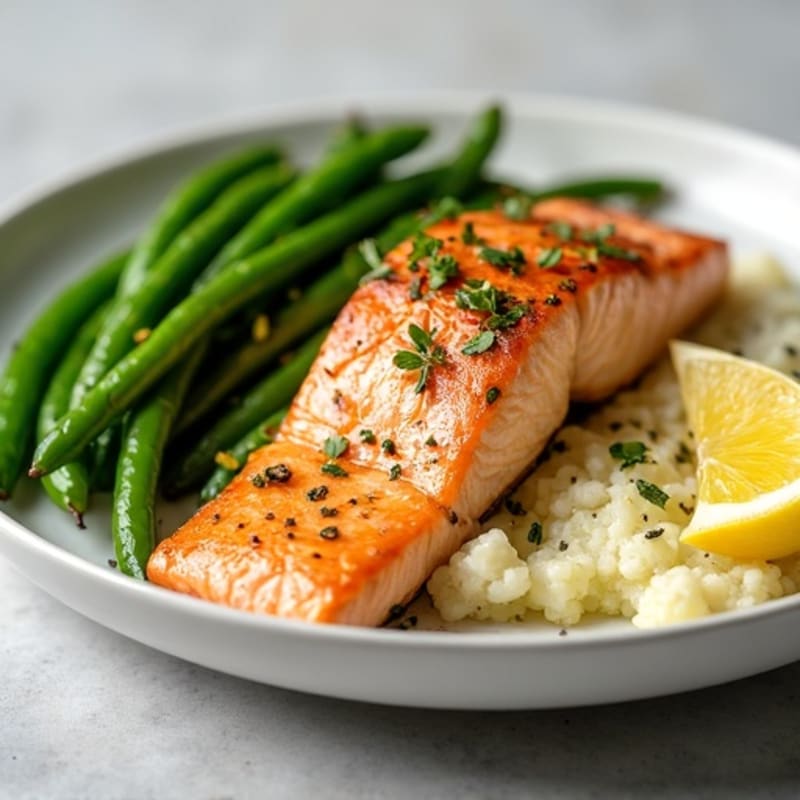 Seared Salmon with Garlic Green Beans and Cauliflower Mash