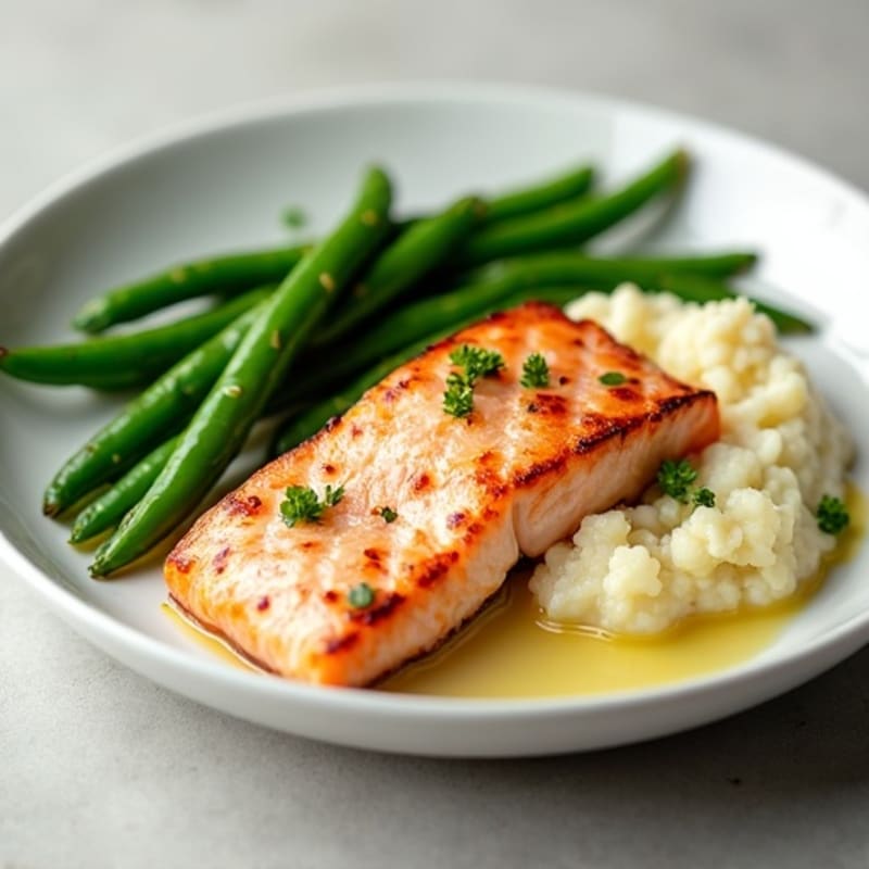 Seared Salmon with Steamed Green Beans and Cauliflower Mash