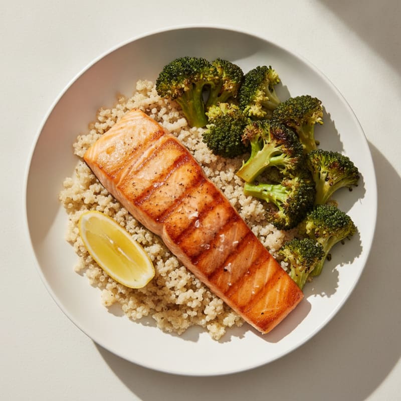 Seared Salmon with Roasted Broccoli and Quinoa