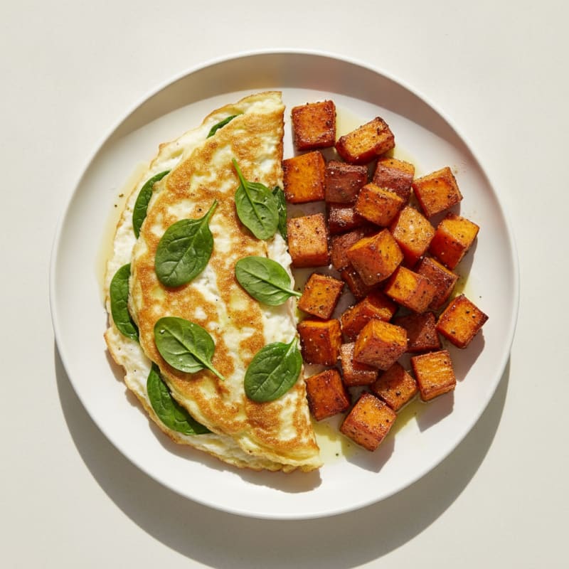 Crispy Egg White and Spinach Omelette with Roasted Sweet Potatoes