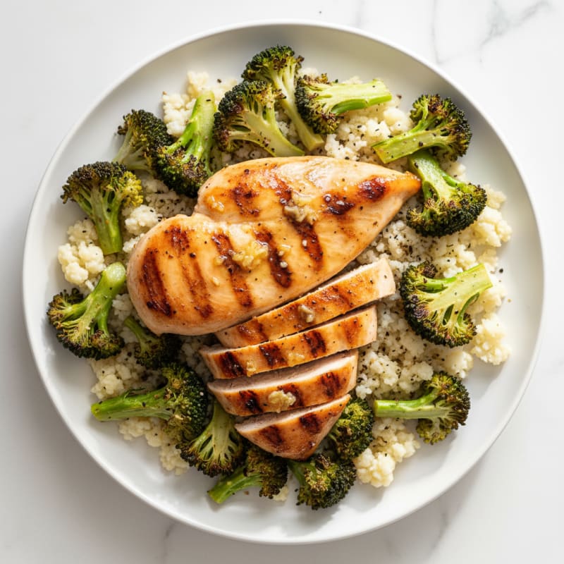Grilled Chicken Breast with Roasted Broccoli and Cauliflower Rice
