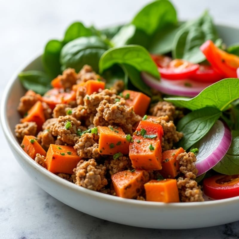 Savory Ground Turkey with Roasted Sweet Potatoes and Fresh Greens