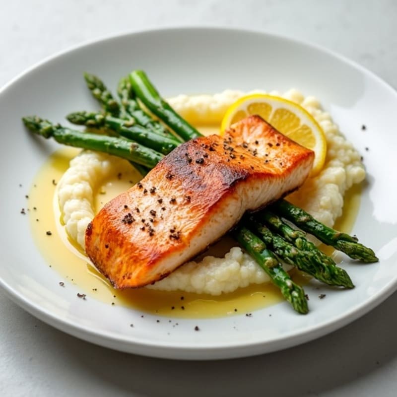 Seared Salmon with Steamed Asparagus and Cauliflower Mash