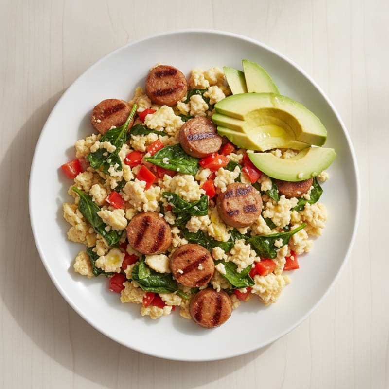 Egg White and Turkey Sausage Scramble with Spinach and Bell Peppers