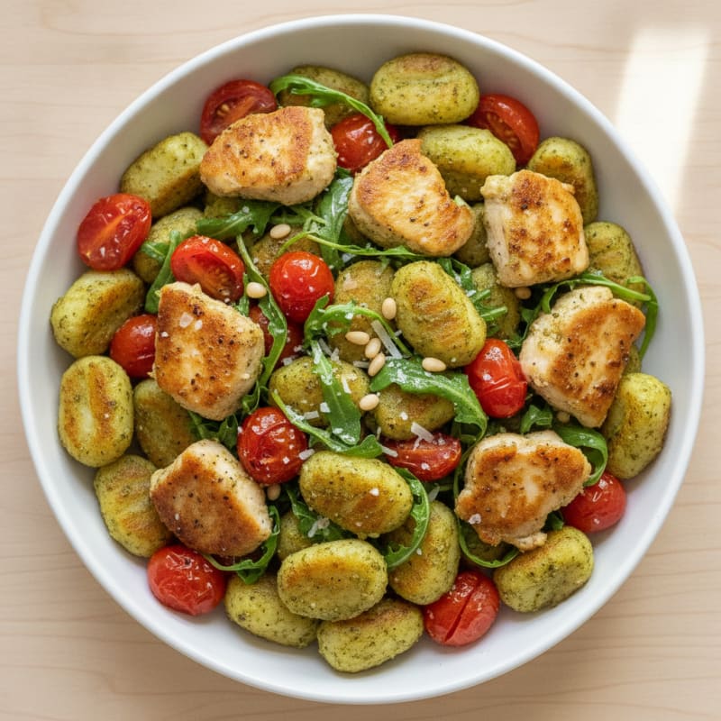 Gnocchi with Arugula Pesto and Cherry Tomatoes