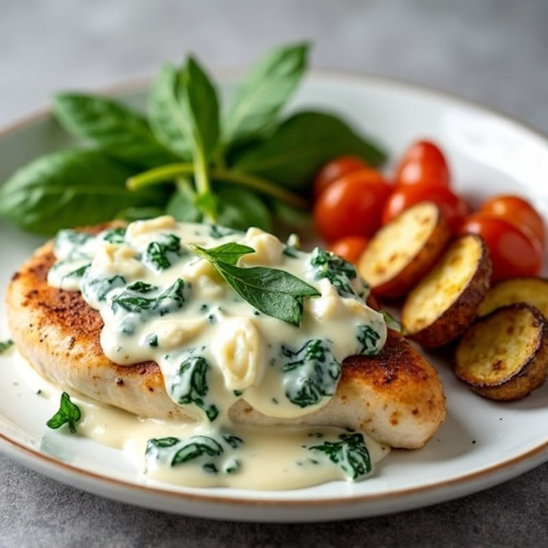Creamy Spinach Artichoke Chicken with Roasted Vegetables