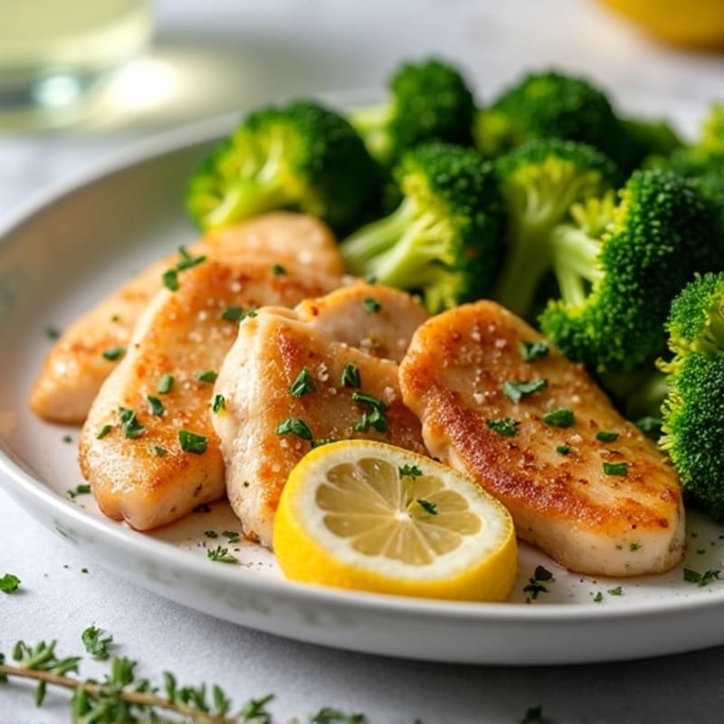 Pan-Seared Lemon Herb Chicken Strips with Crispy Roasted Broccoli
