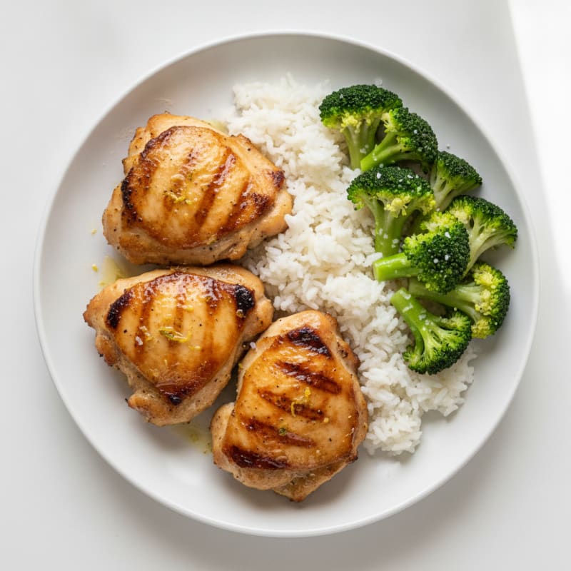 Grilled Chicken Thighs with Steamed Broccoli and White Rice