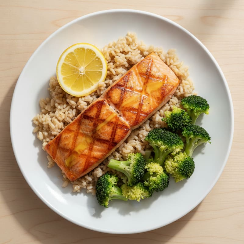 Seared Salmon Fillet with Steamed Broccoli and Brown Rice