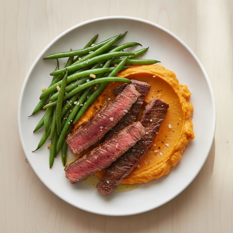 Seared Lean Beef Strips with Garlic Green Beans and Sweet Potato Mash