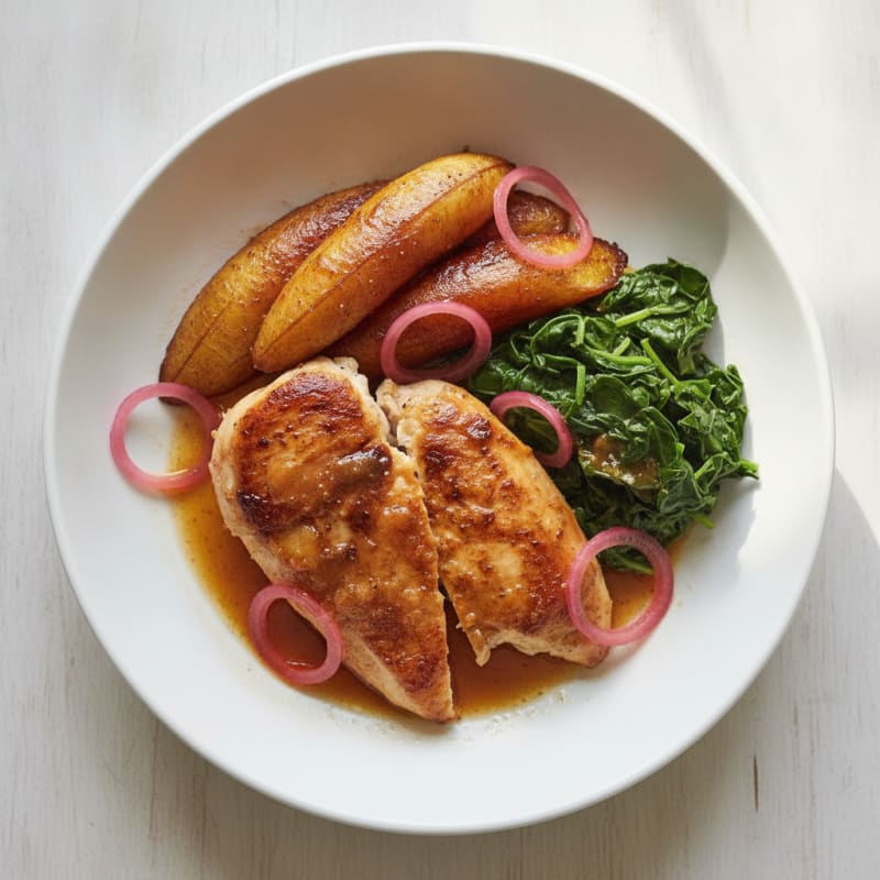 Cinnamon Plantain Chicken with Callaloo