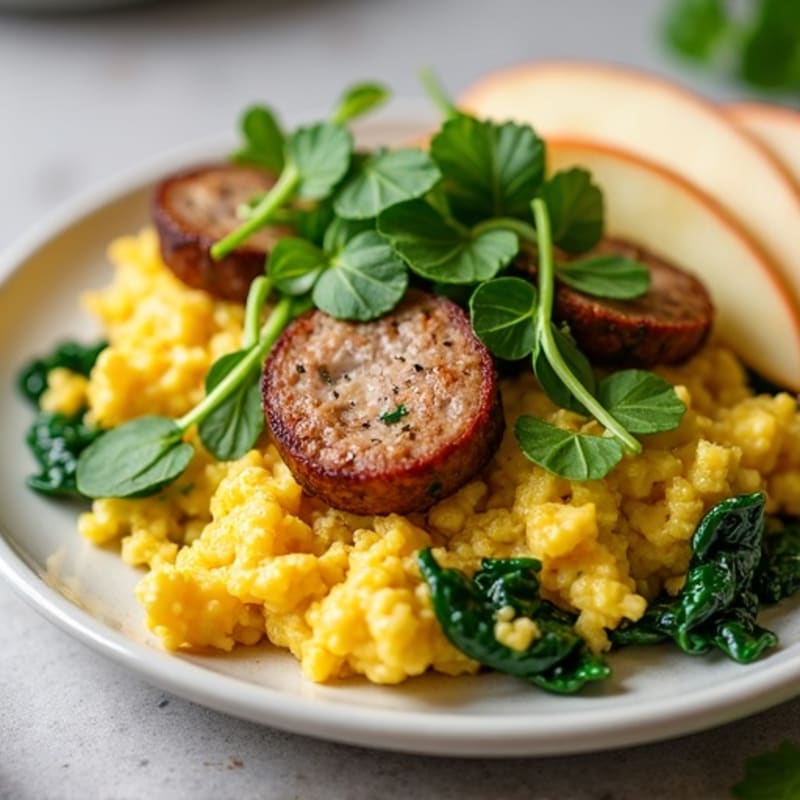 Scrambled Egg Whites with Spinach, Turkey Sausage, and Fresh Apple