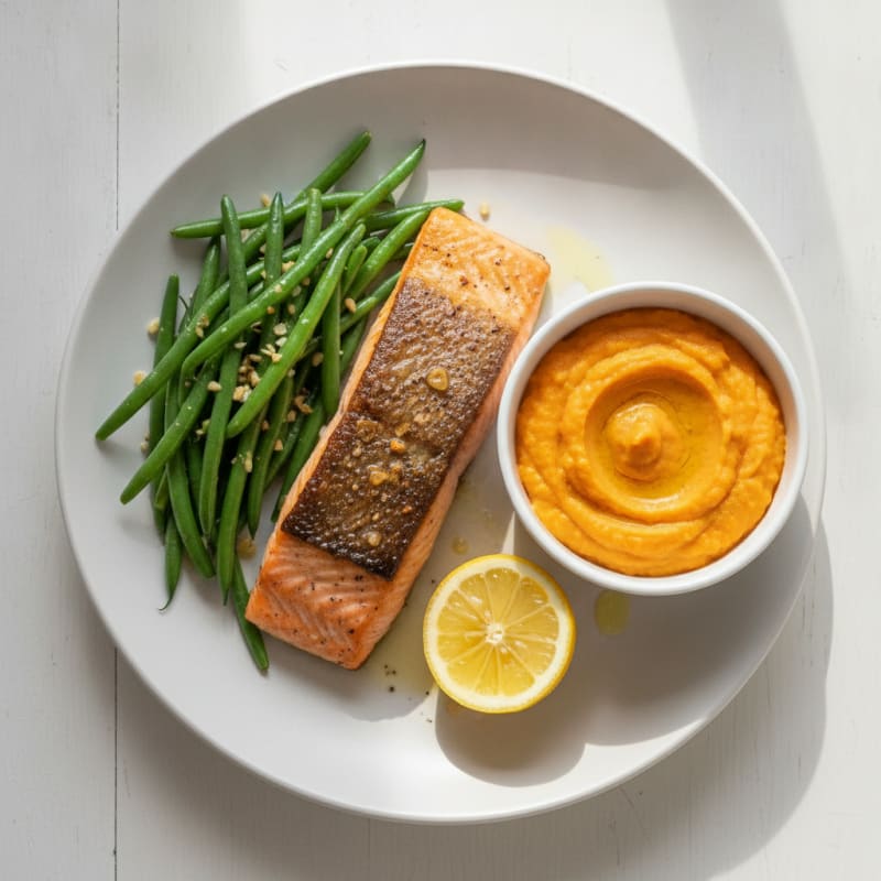 Seared Salmon with Garlic Green Beans and Sweet Potato Mash